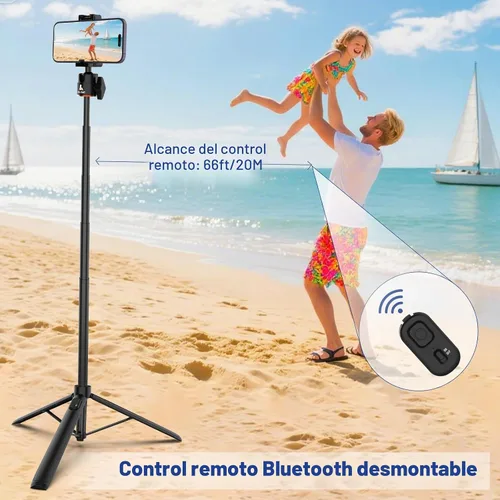 Vista 5 de Ailight Trípode de viaje extensible de 60 pulgadas y palo selfie con zapata fría y control remoto inalámbrico, cabeza de bola de 360° para vlogging
