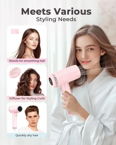 Vista 5 de Secador de pelo para mujer – Secador de pelo iónico de 160,000 RPM – Secador de pelo profesional de secado rápido de alta velocidad, juego de 9