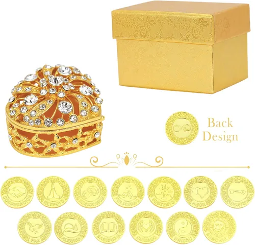 Vista 7 de TINGKU 13 palabras españolas Las Arras para Boda Católica, juego de monedas de unidad de boda con caja en forma de corazón, accesorios Bodas