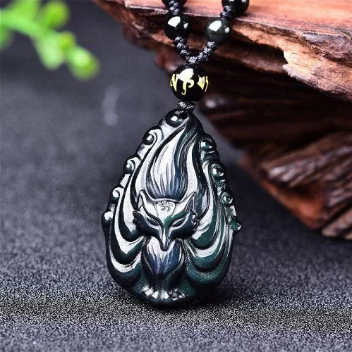 Vista 6 de Collar con colgante de zorro de nueve colas de cristal de obsidiana con cadena de cuentas para wen o mujeres