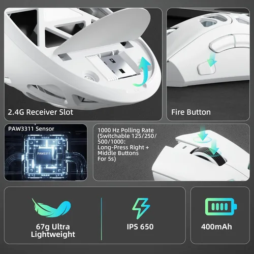 Vista 5 de Aula SC620 - Ratón inalámbrico para juegos, triple modo de 2.4 GHz/USB-C/BT5.3 con 12000 DPI, mouse macro gamer programable con llave de fuego Blanco