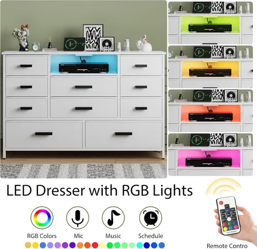 Vista 4 de Cómoda con estación de carga, cómoda blanca para dormitorio con 10 cajones, soporte para TV con almacenamiento y luz LED para TV de 55", de tela