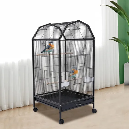 Vista 7 de Jaula para cacatúas de hierro forjado de 39.9 pulgadas, con parte superior abierta y soporte, jaula para pájaros pequeños como loros, conure