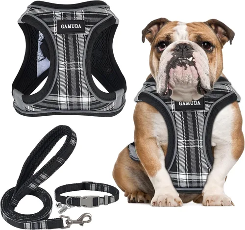 Vista 24 de GAMUDA Juego de Arnés, Collar y Correa para Perro Pequeño, Paso a Paso Sin Estrangulamiento Sin Tirones de Malla Suave Chaleco Ajustable para Perro