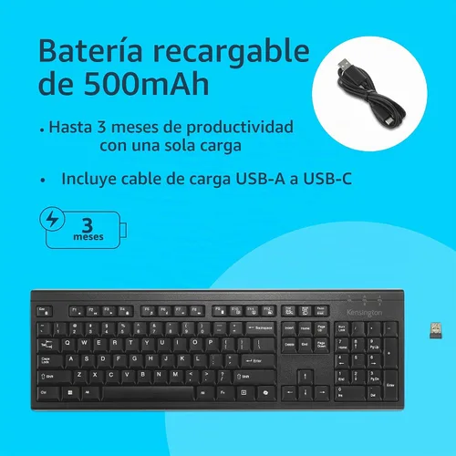 Vista 4 de Kensington KB270 EQ Teclado inalámbrico recargable, tamaño completo, a prueba de derrames, conexión Bluetooth 5.0 y 2.4 GHz, compatible con Windows