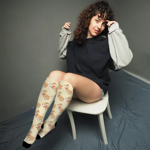 Vista 4 de devor Calcetines de algodón para mujer Merry Corgmas de rodilla alta para mujer, calcetines de vestir de algodón, calcetines de humor feliz