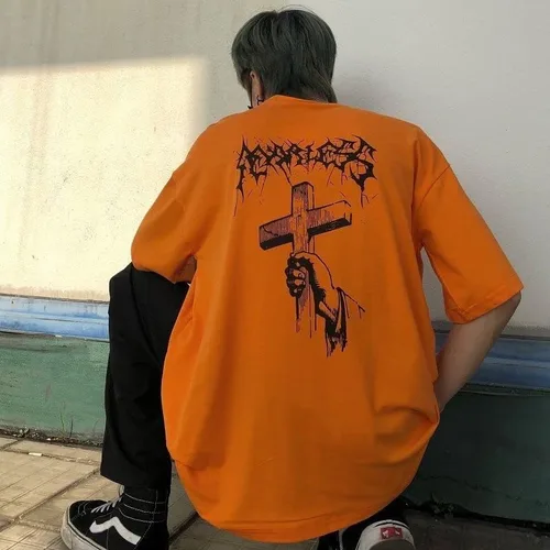 Vista 6 de CYee Y2K - Camiseta punk de manga corta de gran tamaño para hombre, hip-hop, crucifijo impreso, sudadera Harajuku Streetwear