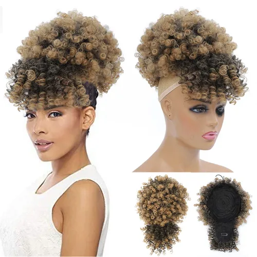Vista 5 de Extensión de cola de caballo afro rizada Fayasu para mujeres negras, con cordón, cola de caballo con cabello rizado y flequillo, extensión