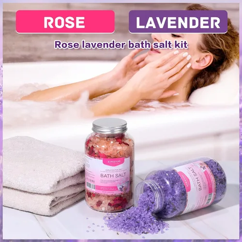 Vista 2 de Kit de sales de baño, sal rosa del Himalaya, 46 onzas, paquete de 2 aceites esenciales de sal de Epsom natural y lavanda, relaja y duerme mejor