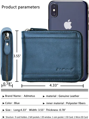 Vista 28 de Admetus Billeteras con bloqueo RFID para hombre, billetera de cuero con cremallera para hombres con tarjetero RFID plegable