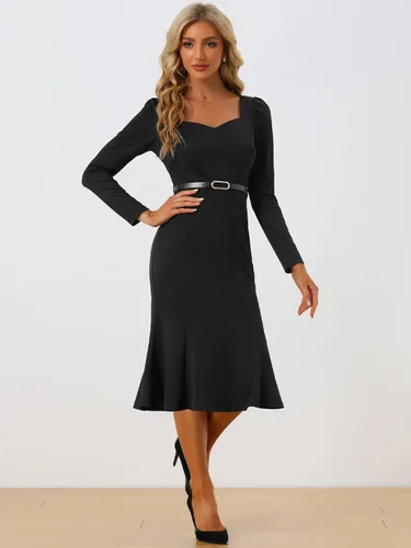 Vista 4 de Allegra K Vestidos de trabajo con cola de pez para mujer, elegante, cuello corazón, cinturón, ajustado, con dobladillo de sirena, vestido de cóctel