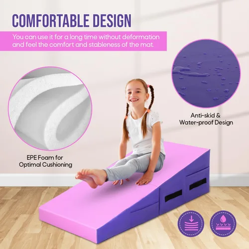 Vista 5 de Colchoneta de gimnasia inclinada, esterilla de yoga para gimnasio en casa, alfombrilla de ejercicio plegable con superficie de poliuretano Rosado