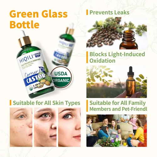 Vista 7 de HIQILI Aceite de ricino orgánico prensado en frío sin refinar, certificado por USDA, sin hexano, aceite de grado prémium para cara, crecimiento