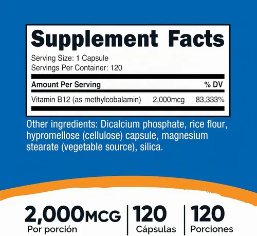 Vista 2 de Nutricost Vitamina B12 (Metilcobalamina) 2000mcg, 120 Cápsulas, Sin Gluten Gorras vegetarianas, suplemento B12 sin OMG