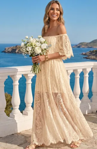 Vista 5 de Holipick Vestido Maxi de Encaje con Hombros Descubiertos para Mujer Estilo Boho Invitada de Boda Dama de Honor Playa Vestido Largo Formal Beige