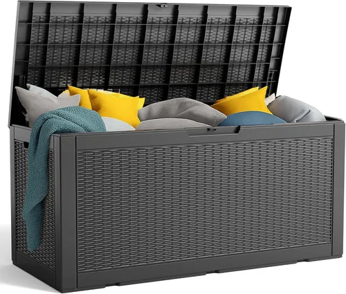 Vista 12 de Caja de resina de 30 galones para terraza, caja de almacenamiento para patio al aire libre con cierre para muebles, herramientas de jardín