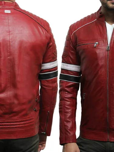Vista 5 de Chaqueta de cuero negro para hombre - Cafe Racer Real piel de oveja de piel envejecida chaqueta de motocicleta