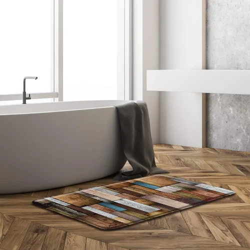 Vista 2 de Tapete de baño rústico para puerta de granero, vintage, verde azulado, gris, marrón, tablero de madera de granja occidental, microfibra de espuma