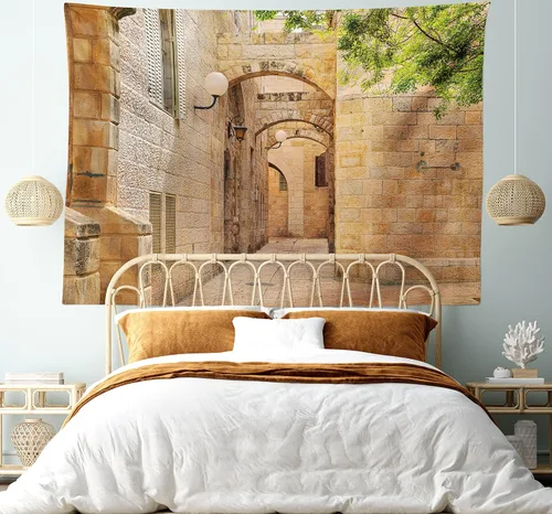 Vista 5 de Ambesonne Tapiz de paisaje, orientación oriental israelí, arquitectura, calles, casas, imagen, imagen, imagen, colgar en la pared para dormitorio