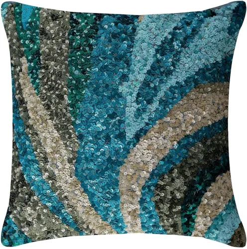 Vista 20 de The HomeCentric Funda de cojín para sofá, 12 x 12 pulgadas, funda de almohada decorativa cuadrada de lino azul claro con zardozi y cuentas bordadas