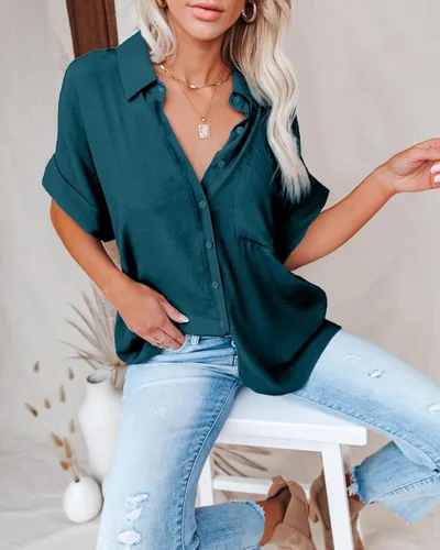Vista 2 de Pausus Camisas de gasa con botones para mujer, con bolsillo, manga corta, blusas de oficina, cuello en V, casuales, para negocios, camisas ajustadas