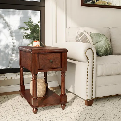 Vista 15 de Mesa auxiliar estrecha de madera maciza con cajón, mesa auxiliar de sofá con estantes de almacenamiento, mesa auxiliar delgada, teléfono
