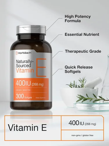 Vista 3 de Horbäach Suplemento de vitamina E 400 UI (268 mg) 300 cápsulas de cápsulas blandas D-alfa tocoferol Fórmula sin OMG y sin gluten