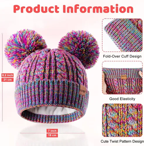 Vista 2 de Winter Hat for Kids Toddler Children, Girls Beanie with Double Pom Pom Warm Fleece Lined, Girls Accessories Knit Beanies Cap