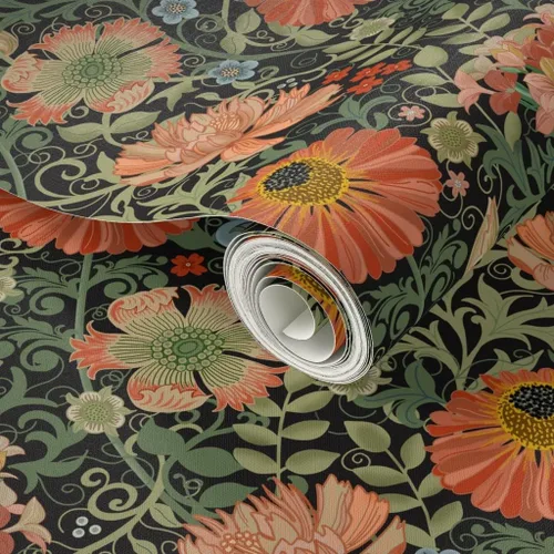 Vista 2 de Papel tapiz para despegar y pegar, diseño Art Nouveau con flores negras, diseño floral, decoración de jardín, papel pintado extraíble Spoonflower