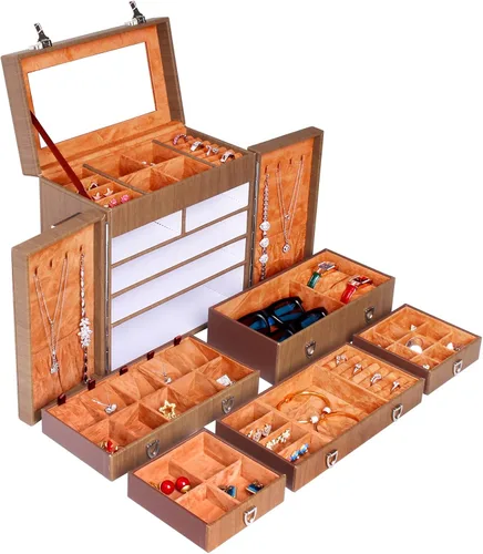 Vista 3 de FEIYAN Caja organizadora de joyas para mujer, joyero de piel sintética de 5 capas con todos los cajones bloqueados, organizador de joyas grande