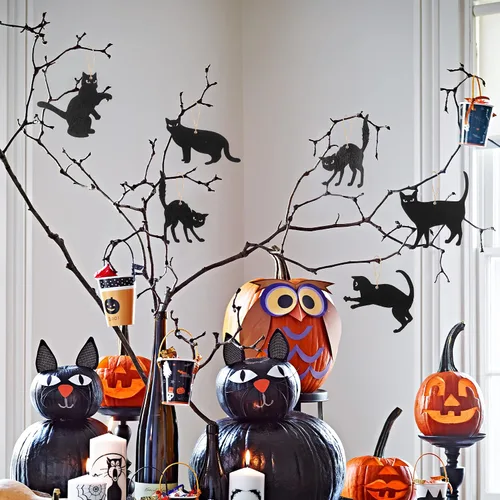 Vista 5 de WATINC 31 piezas de silueta de gato negro de Halloween, adornos colgantes de madera, decoraciones de Halloween, fiesta mexicana, festival, fiesta