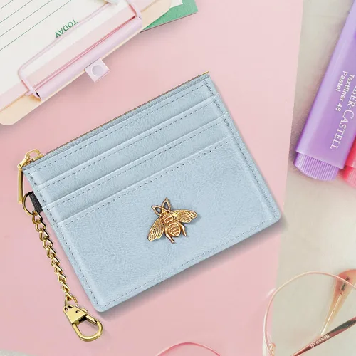 Vista 7 de seavilia Tarjetero para mujeres y hombres con ventana de identificación, Rfid pequeña abeja minimalista cartera delgada, Azul, Minimalista