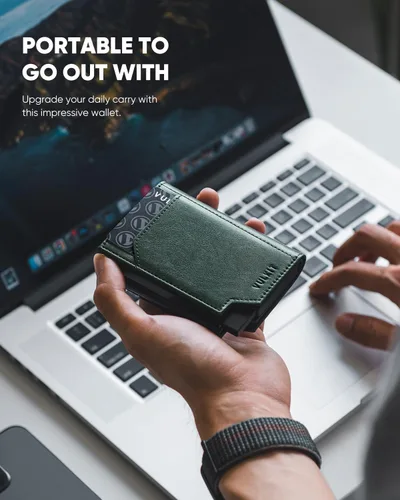 Vista 2 de VULKIT Billetera desplegable de metal para hombre, bloqueo RFID inteligente, tarjetero de crédito, cierre magnético, billetera triple de cuero