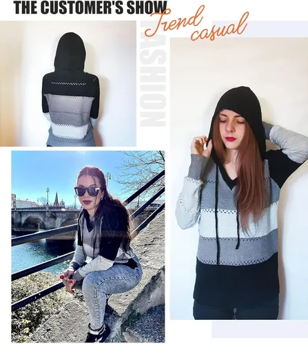 Vista 5 de Biucly Women's Color Block Lightweight Hooded Sweater Drawstring Hoodies Pullover Sweatshirts