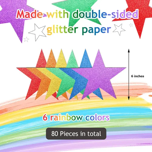 Vista 2 de Gejoy 80 piezas de estrellas con purpurina de arco iris, decoración de estrellas de papel doble impreso para noche de cine, decoración de tablón