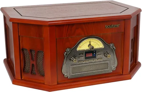 Vista 5 de Boytone BT-25CH 8-en-1 Sistema de tocadiscos clásico de madera natural estéreo con conexión Bluetooth, reproductor de discos de vinilo, AM/FM, CD