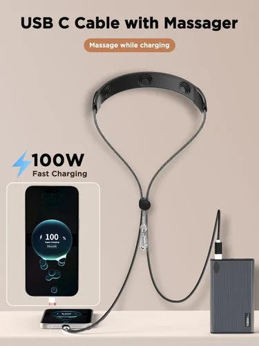 Vista 4 de Aioneus Cable USB C a USB C, masajeador de cuello de 4.5 pies, 100 W, cable de carga rápida con masajeador eléctrico de nailon tipo C a C, cable