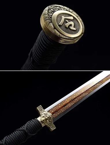 Vista 2 de LOONGSWORD - Espada china, espadas de dragón Han jian real (caldo de Damasco forjado, accesorios de latón) afilada