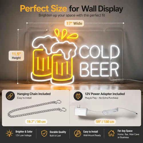 Vista 4 de Letrero de neón de cerveza fría para negocios y bar en casa, luz LED de PET flexible duradera para pub, cueva de hombre, garaje, regalo único