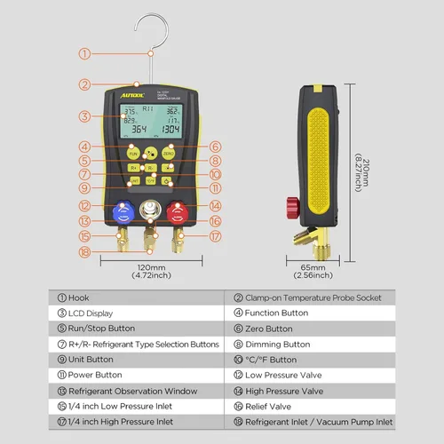 Vista 8 de Medidor de colector digital de refrigeración, kit de probador de temperatura de presión de vacío HVAC con clip de prueba y tubería para probar