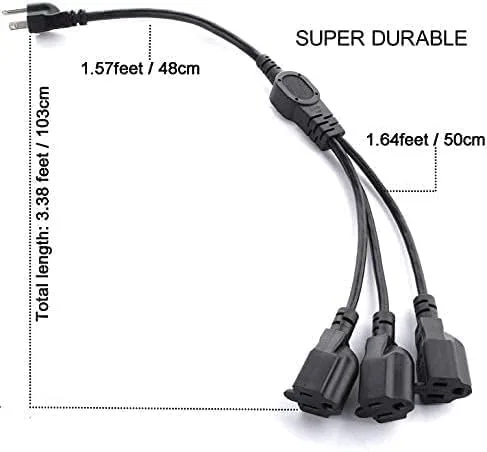 Vista 7 de Cable divisor de alimentación de 1 a 3 tomas de corriente de 3.3 pies/3.3 ft (NEMA 5-15P a NEMA 5-15R) 16 AWG para tira de cables resistente