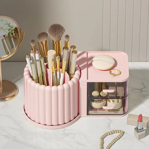 Vista 6 de Organizador de Maquillaje para Encimera, Soporte Giratorio 360° para Brochas de Maquillaje con 2 Cajones, Pequeño Organizador Preppy 9.25x5.11