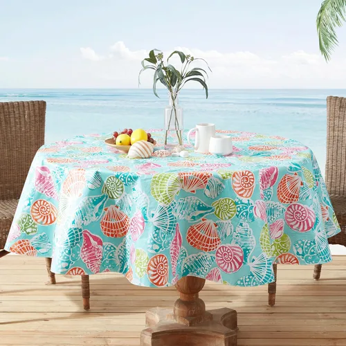 Vista 10 de Newbridge Mantel cuadrado de vinilo con parte trasera de franela, 52 x 52 pulgadas, estampado de conchas tropicales costeras, vinilo impermeable