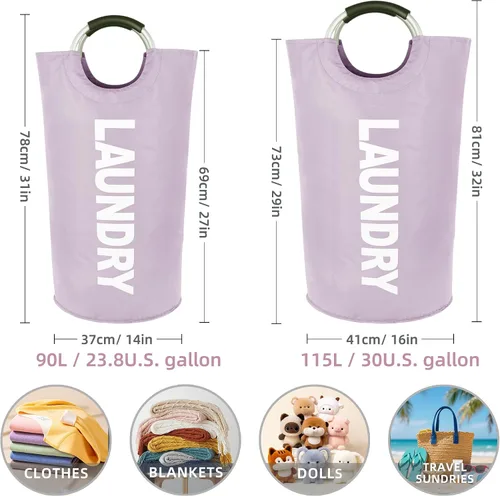 Vista 3 de Bolsa de lavandería plegable de 90 litros con asa, canasta grande para ropa sucia, cesta plegable para ropa sucia, color morado, cesta impermeable