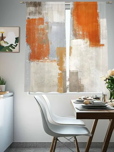 Vista 5 de Cortinas traslúcidas naranjas de 63 pulgadas de largo, juego de 2 paneles de cortinas de cocina naranja y gris, cortinas semitransparentes