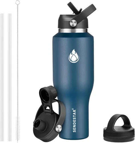 Vista 19 de SENDESTAR - Botella de agua de 0,9 L, 2 tapas (tapa con pajita), boca ancha de acero inoxidable aislada al vacío, doble pared, mantiene los líquidos