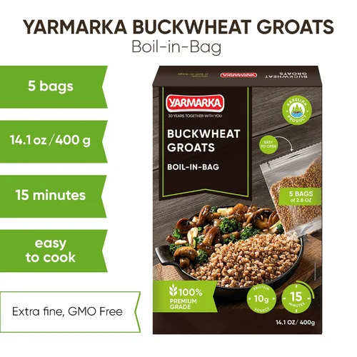 Vista 3 de Yarmarka Granos de trigo sarraceno hervido en bolsa, 5 x 80 g (14.1 oz) Kasha de grano entero descascarado, natural y puro, trigo sarraceno tostado