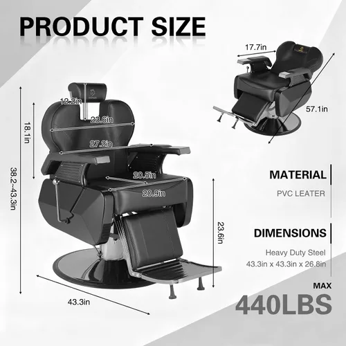 Vista 3 de Silla de peluquería hidráulica reclinable silla de peluquería sillas de peluquería silla de pelo 360 grados giratoria sillas de peluquería para Negro