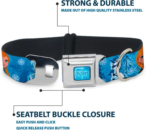Vista 4 de Buckle-Down Collar de perro con hebilla de cinturón de seguridad, diseño de personajes de Frozen Poses azules, 1 pulgada de ancho, se adapta a