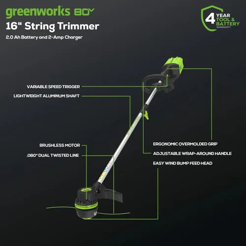 Vista 2 de Greenworks Recortadora inalámbrica sin escobillas de 80 V y 16 pulgadas con batería de 2.0 Ah y cargador rápido - Línea doble de 0.080 pulgadas